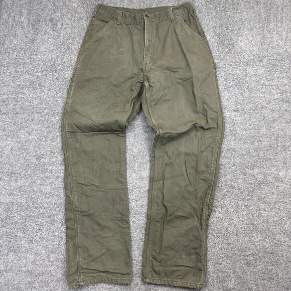 Carhartt B111-Mos Flannel Lined Duck Canvas Pants 33x33 Workwear Moss Green